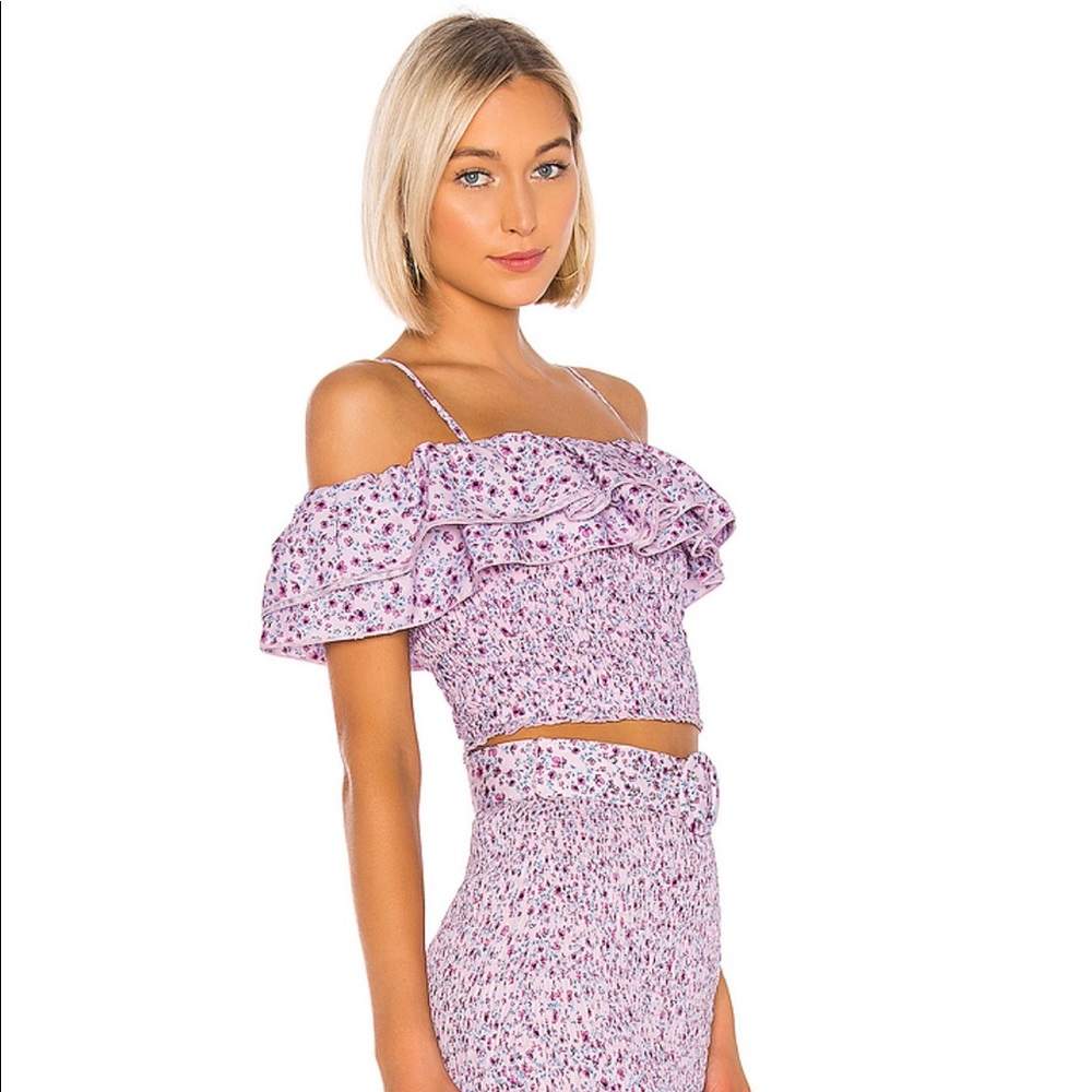 NICHOLAS Lilac Floral Off-Shoulder Ruffle Crop Top - Picture 2 of 7
